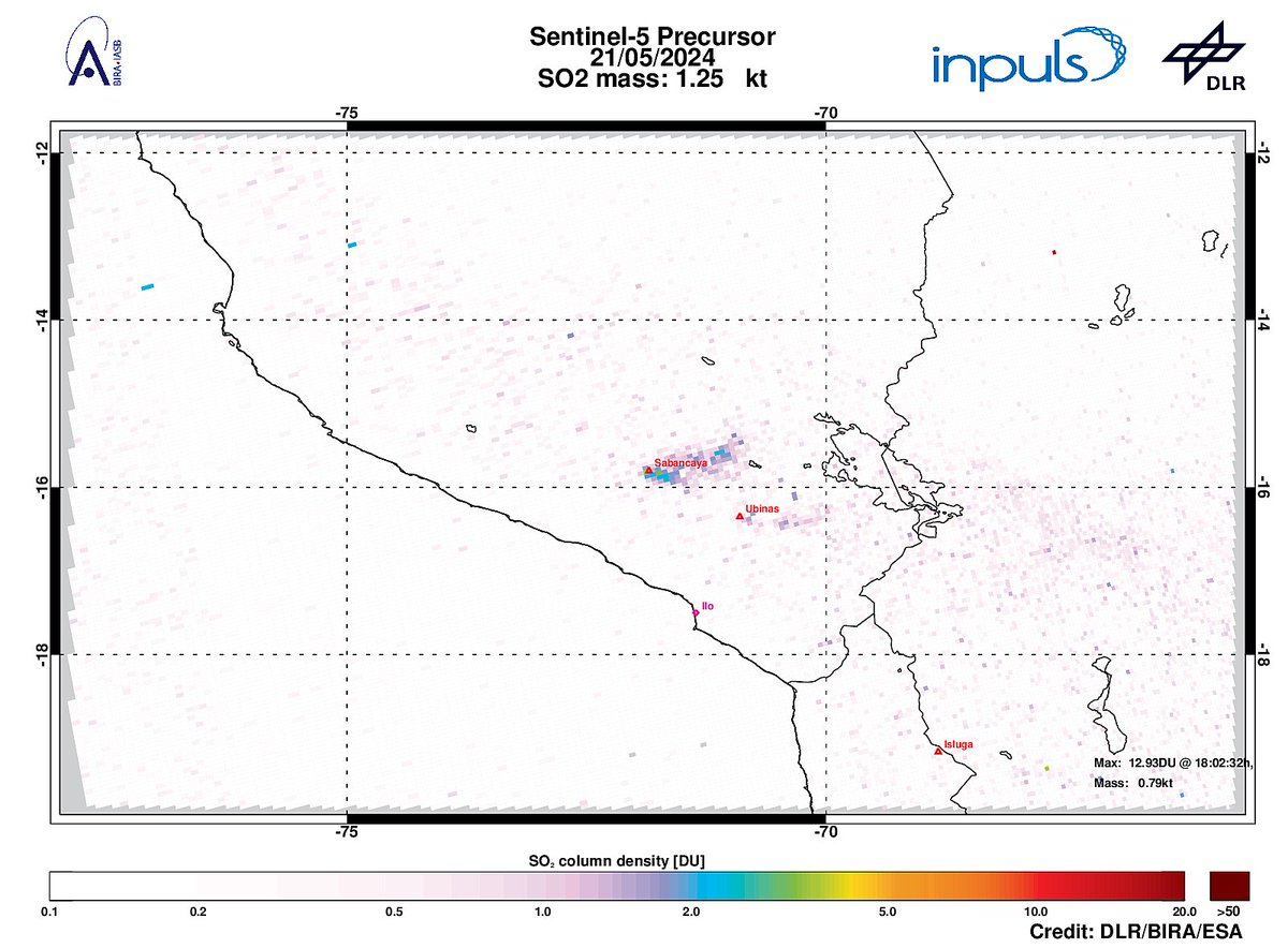 On 2024-05-21 #TROPOMI has detected an enhanced SO2 signal of 3.56DU at a distance of 3.8km to #Sabancaya. Other nearby sources:  #Ubinas. #DLR_inpuls @tropomi #S5p #Sentinel5p @DLR_en @BIRA_IASB @ESA_EO #SO2LH