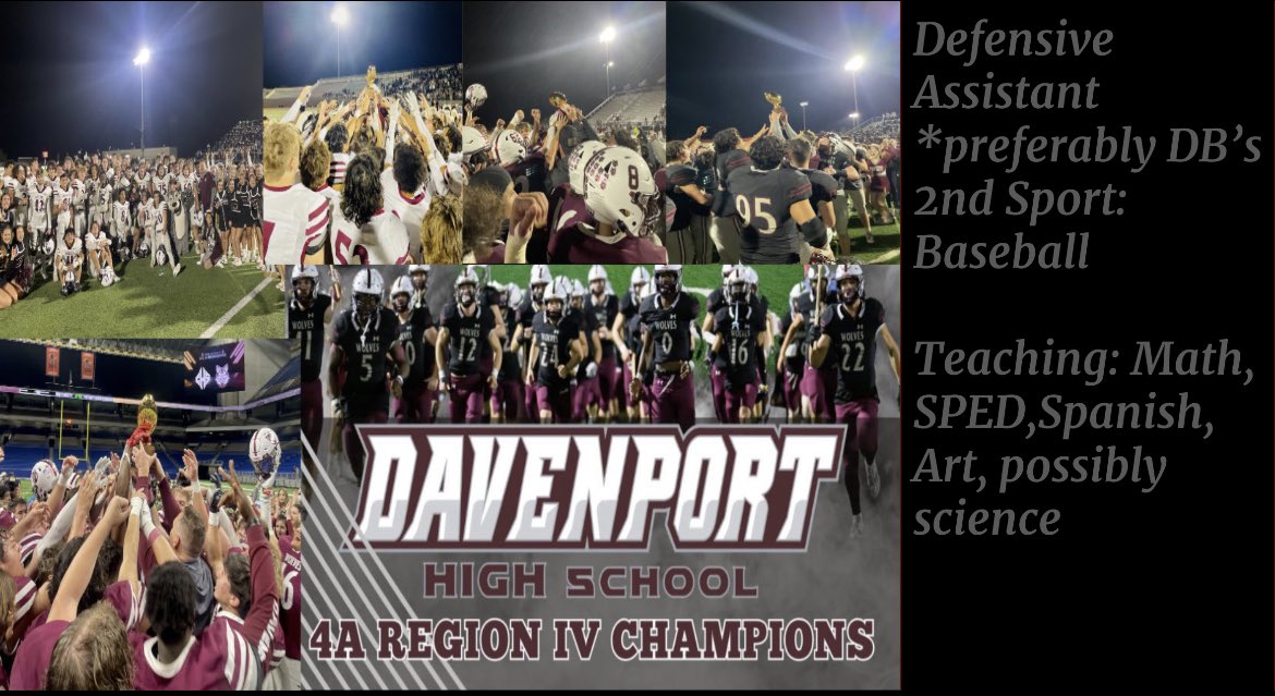 Who’s interested in Coaching the defending Region IV Champs?!?!? Looking for a secondary coach, but will hire best fit! Returning 3 starters in the secondary. <a href="/DHSWolvesFB/">Davenport Football</a> <a href="/jdzimmerhanzel/">JD Zimmerhanzel</a> #BTP