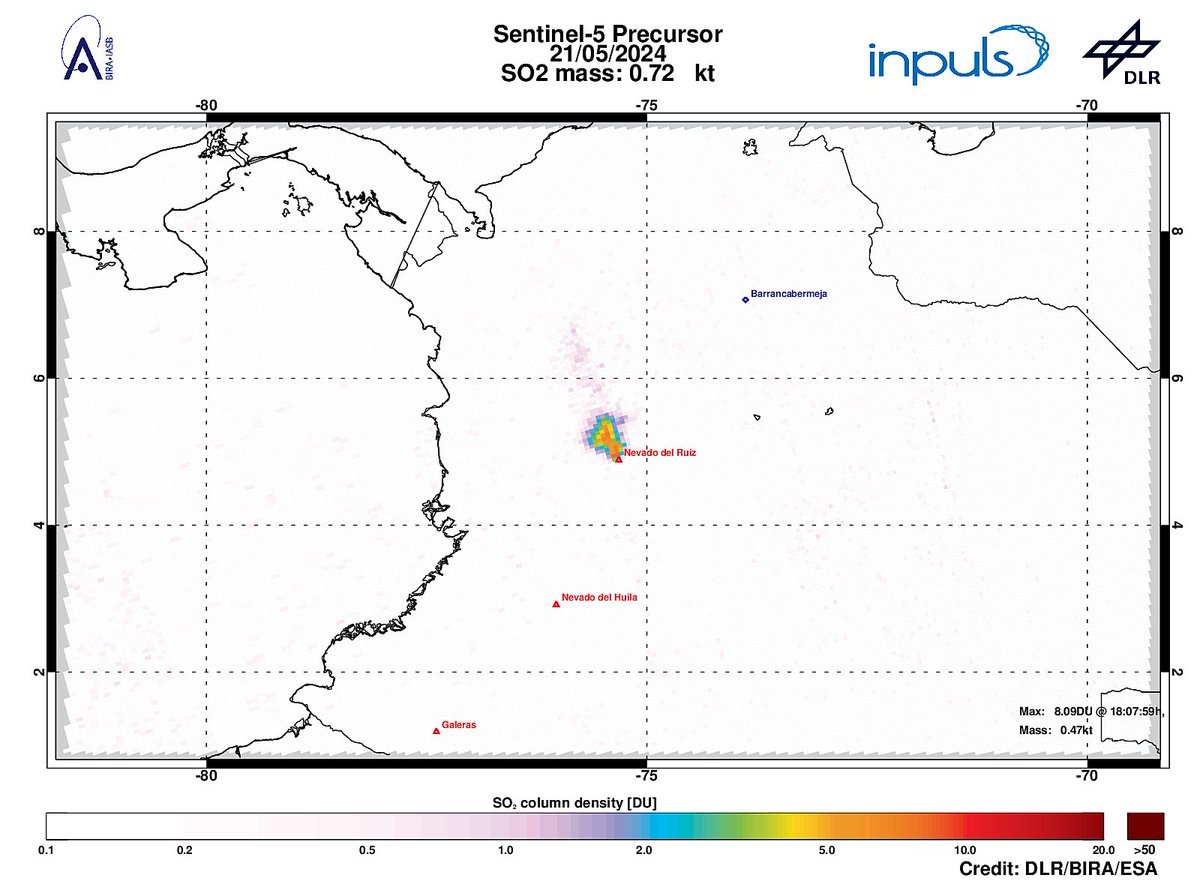 On 2024-05-21 #TROPOMI has detected an enhanced SO2 signal of 8.09DU at a distance of 7.2km to #NevadodelRuiz. #DLR_inpuls @tropomi #S5p #Sentinel5p @DLR_en @BIRA_IASB @ESA_EO #SO2LH