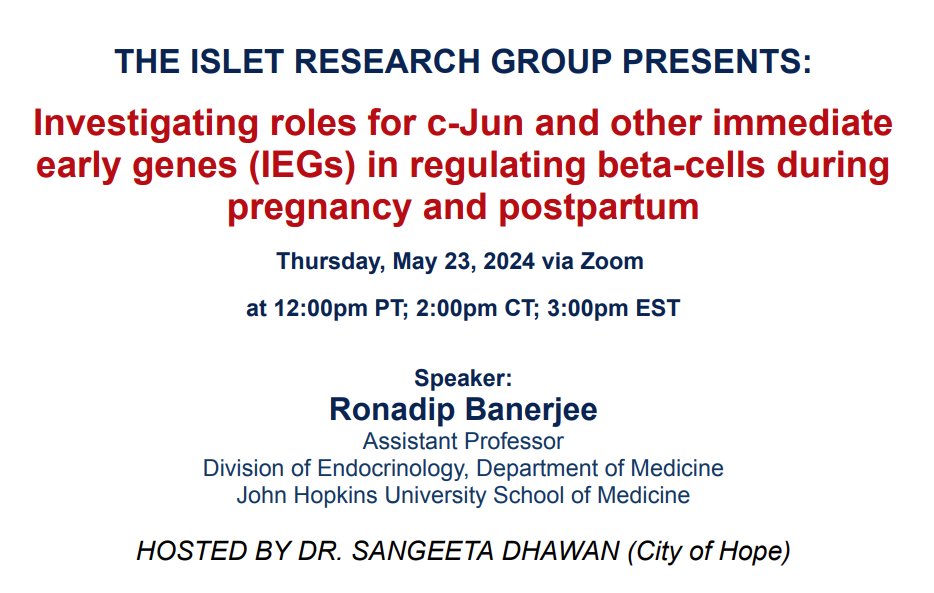 Join us this Thursday 5/23 for Ron Banerjee from Hopkins on beta cell mass regulation in gestational diabetes.