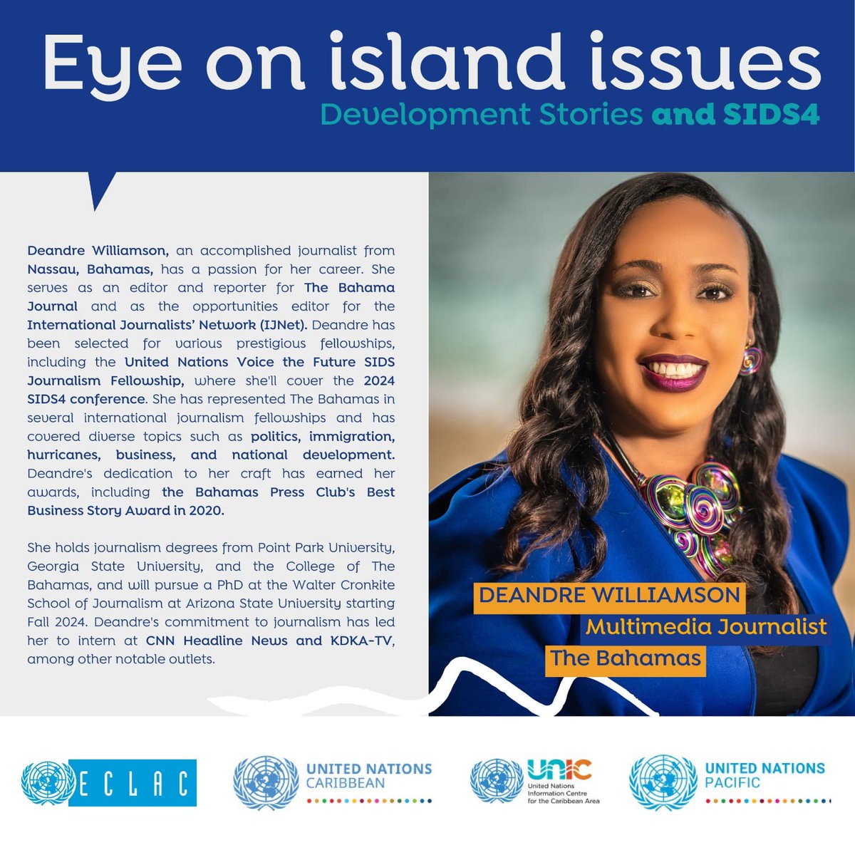 🎙️ Get ready to report on island issues &amp; #SIDS4 with Deandre Williamson, a journalist &amp; editor from The #Bahamas 🇧🇸
 
At tomorrow's webinar, she will share her experiences covering UN conferences &amp; multilateral negotiations 🏝️

🗓️ Wed 10AM (GMT-4)
🔗 Reg: bit.ly/island-issues