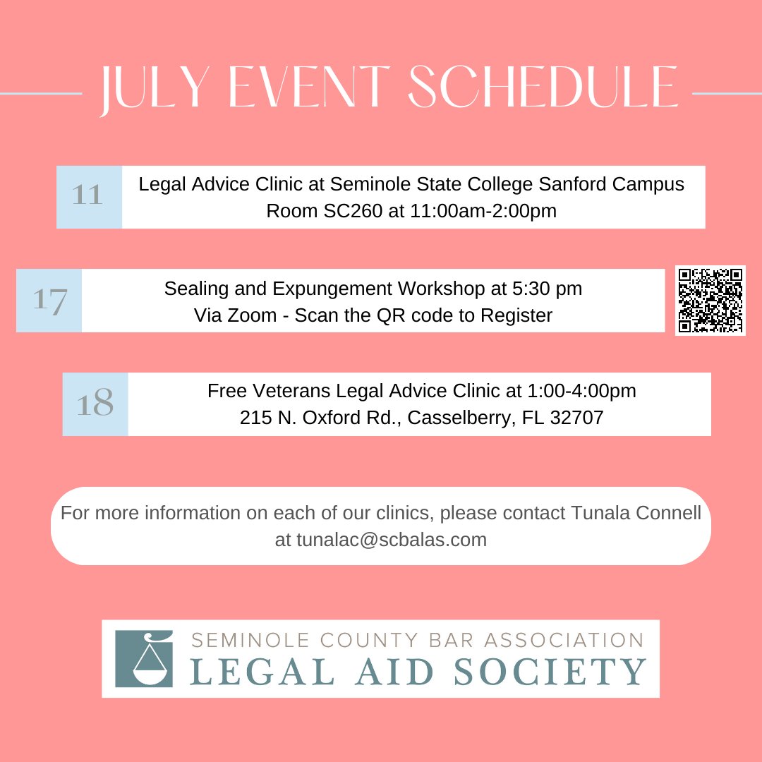 Escape the heat and join us at one of our free legal clinics this month! #July #FreeLegalAid #FreeLegalAdvice #Veterans #Sealing #SeminoleState