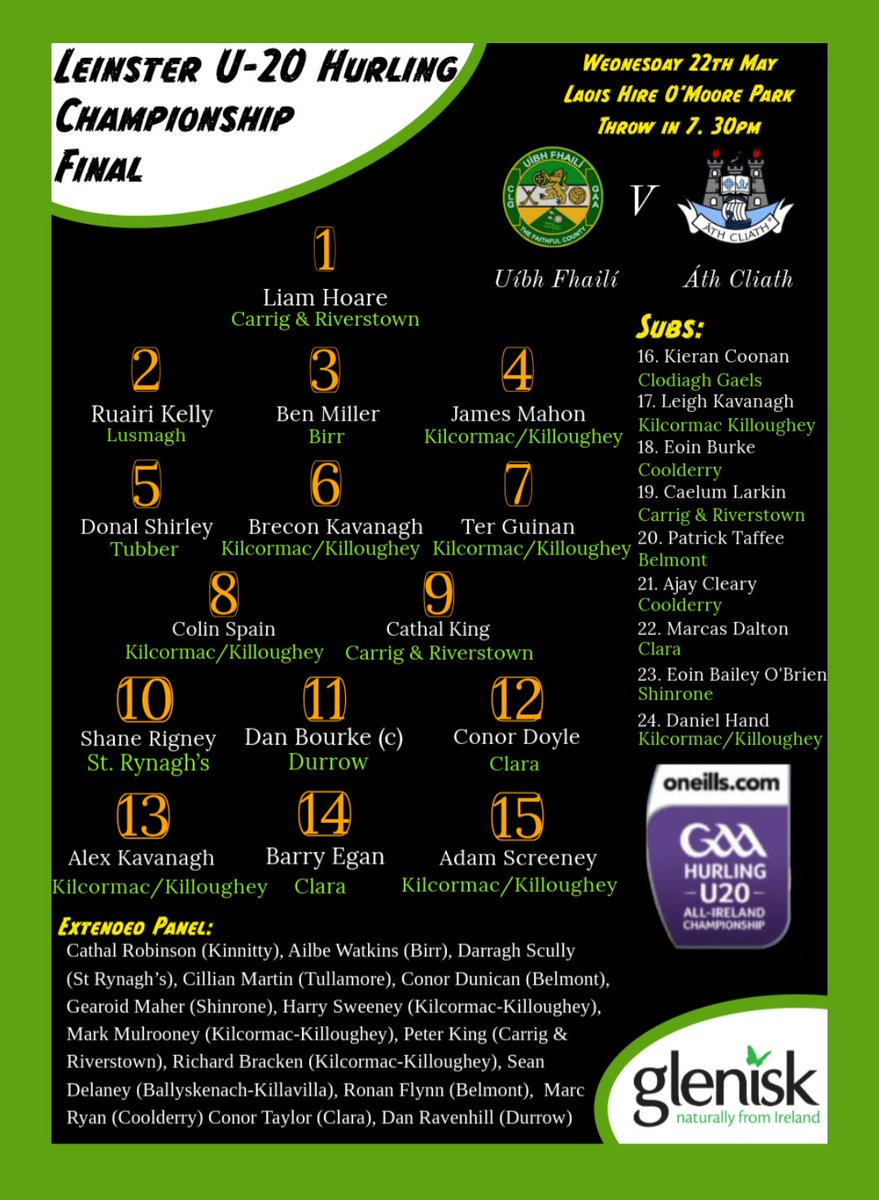 𝙐𝙣𝙙𝙚𝙧 ⓶⓪ 𝙃𝙪𝙧𝙡𝙞𝙣𝙜 𝙏𝙚𝙖𝙢 𝘼𝙣𝙣𝙤𝙪𝙣𝙘𝙚𝙢𝙚𝙣𝙩 

Leo O'Connor has named his team that will take on the boys in blue tomorrow evening in the Leinster final.

A tidal wave of Offaly support is expected to take over O'Moore Park. Wear your county colours, drive