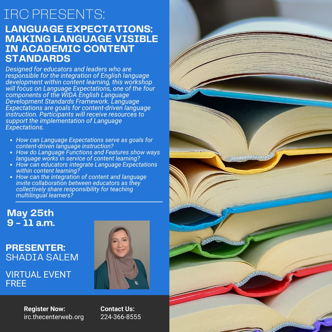 Seeking support on the WIDA ELD standards framework? Join our free PD credit webinars and get support & resources from @ShadSalem: irc.thecenterweb.org/workshop/langu…