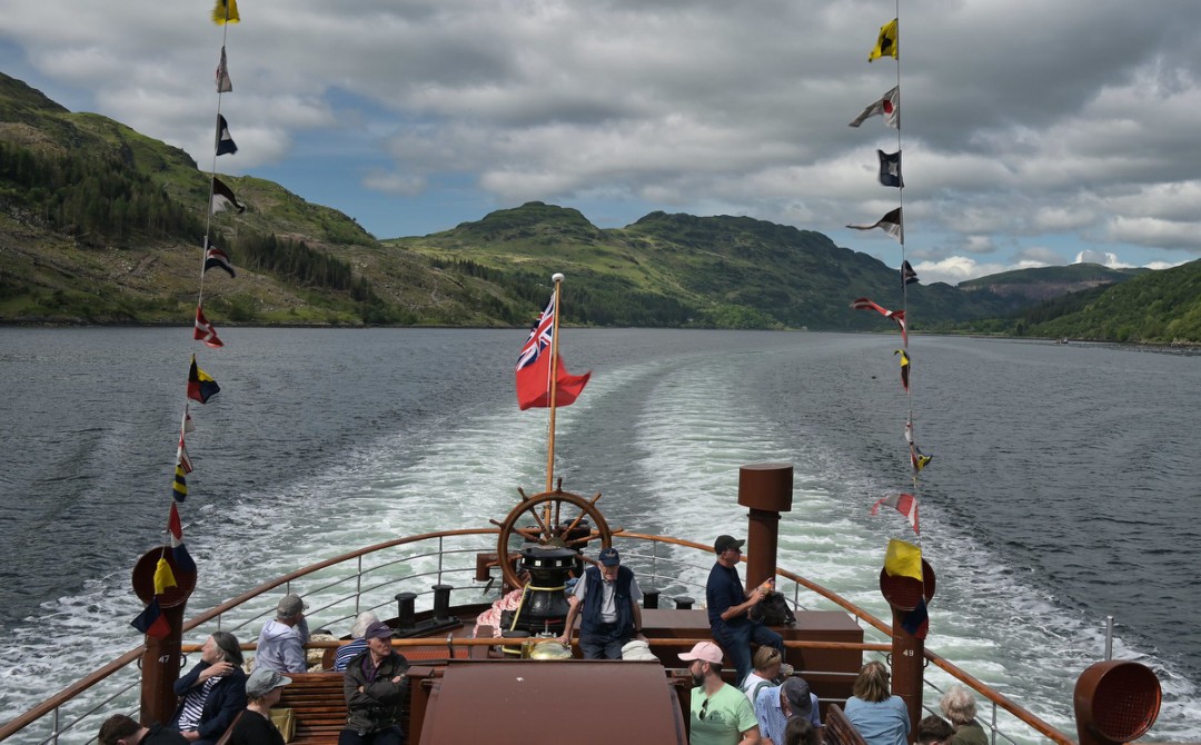 The classic view of the stern of <a href="/PS_Waverley/">Paddle Steamer Waverley</a> and the wide paddle wake, here looking to the head of the very picturesque Loch Striven
flic.kr/p/2pSzAaf