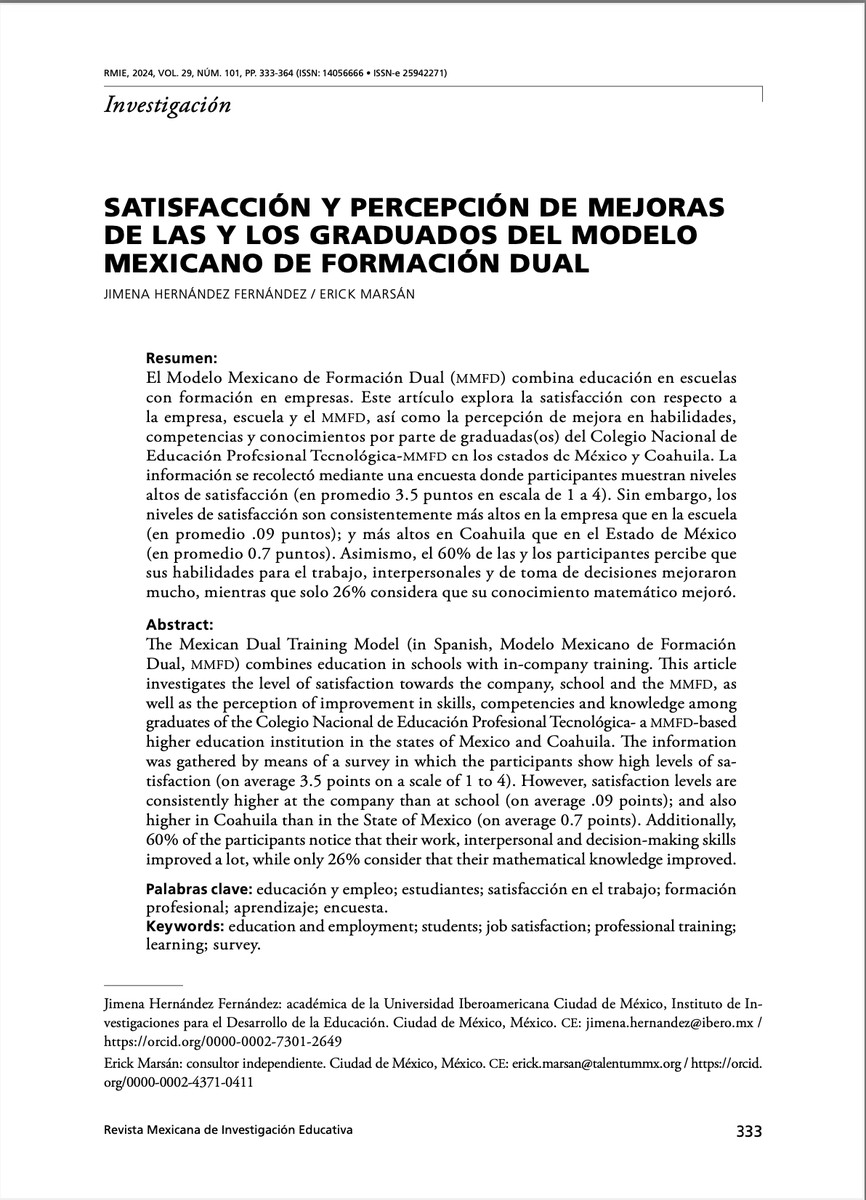 La Dra. <a href="/Jimena_HdezFdez/">Jimena Hernández-Fernández</a> y <a href="/ErickMarsan/">Erick Marsán</a>, Director de Talento y Liderazgo Social en TalentumMx, escribieron un artículo en <a href="/rmie/">Rev Mex Invest Educ</a>, que muestra los resultados sobre satisfacción y percepción de mejoras en competencias y habilidades de egresadas y egresados. 🔗t.ly/iZ9s6