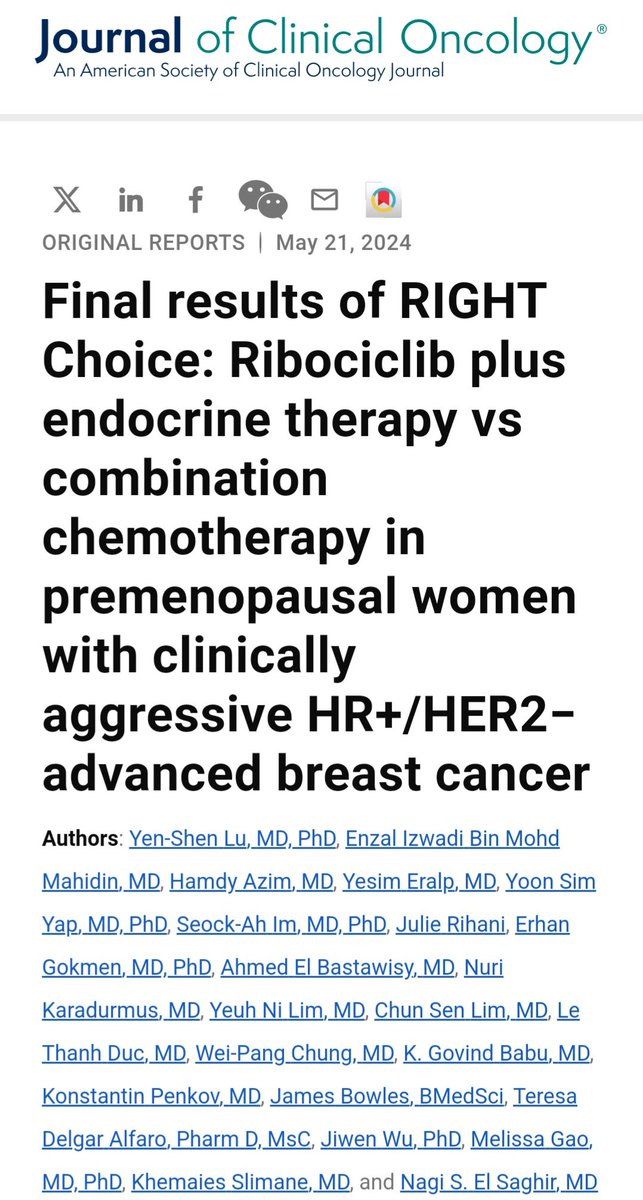 Final results of RIGHT Choice: Ribociclib plus ET vs ChT in premenopausal women with clinically aggressive HR+/HER2− aBC 🔍47.7% patients had investigator-assessed visceral crisis R+ET vs ChT mPFS➡️21.8 vs 12.8 mo ORR➡️66.1% vs 61.8% @OncoAlert ascopubs.org/doi/10.1200/JC…