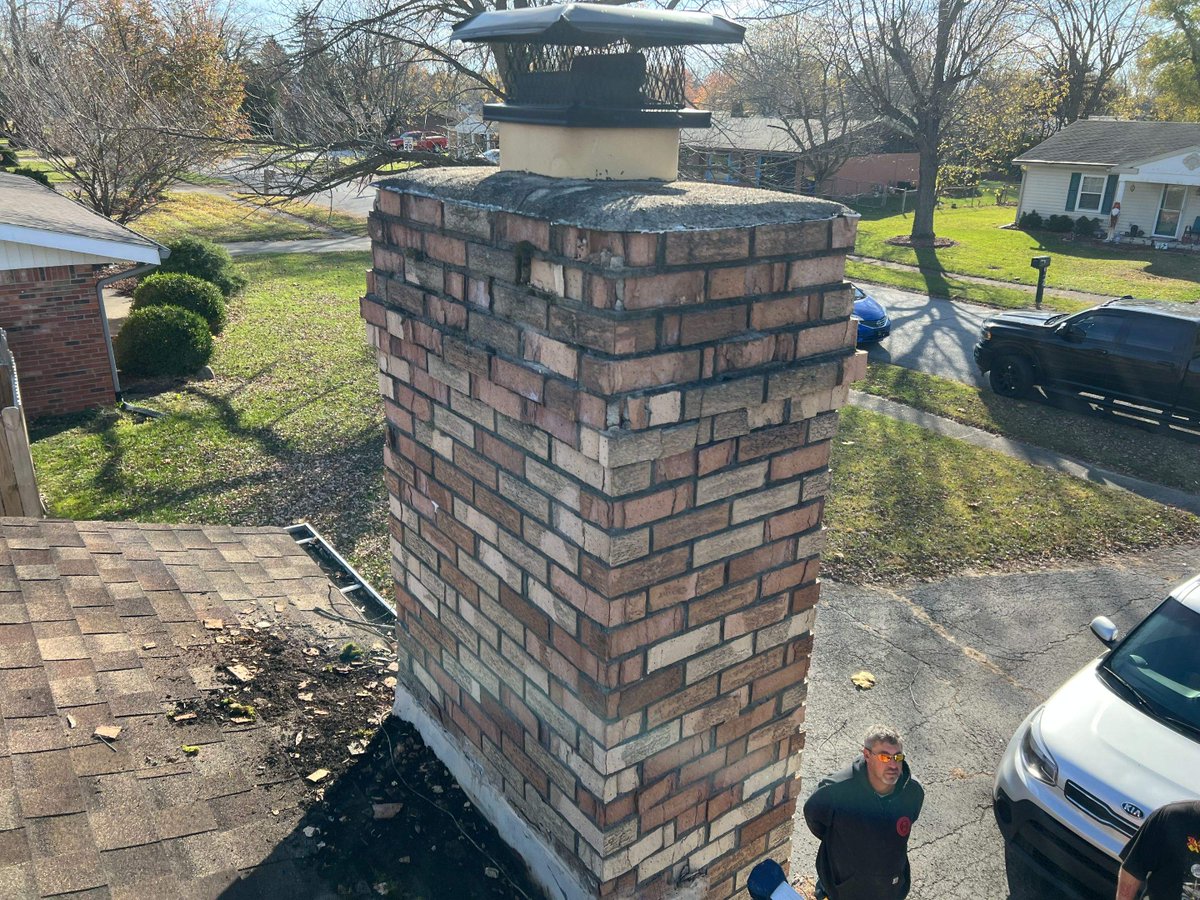 IndianaCCS's tweet image. This homeowner was dealing with decades of deferred maintenance to their chimney. We had the opportunity to reconstruct this chimney and put a new stainless steel chimney cap on it! #masonrywork