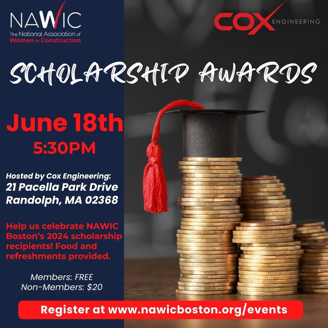 Please join us for our annual #scholarship dinner to award NAWIC #Boston’s 2024 recipients! Thank you for your #support which allows our group to continue make these contributions to those interested in entering the #construction industry! #AEC #education #future #COXEngineering