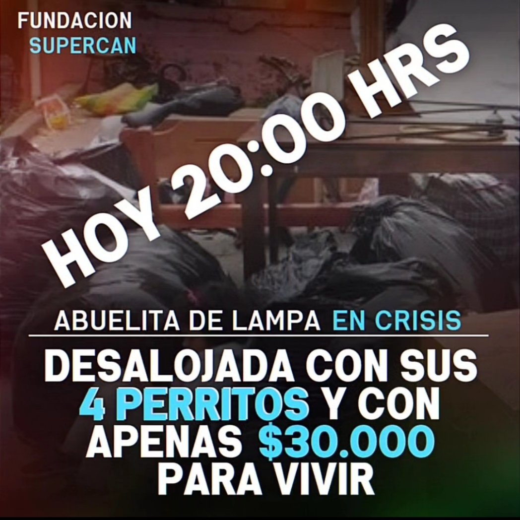 HOY EN TODAS LAS REDES DE Fundacion SuperCan Solidaridad en Lampa. Una abuelita desalojada busca apoyo para reubicarse y les contaremos su historia hoy a las 20:00 Hrs. Ella necesita de todos nosotros.