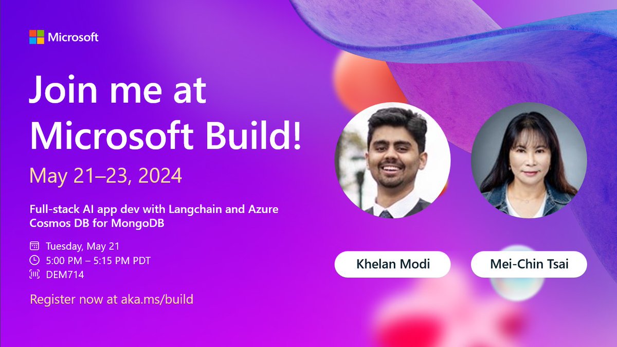 Catch Khelan Modi and Mei-Chin Tsai's demo, 'Full-stack AI App Dev with Langchain and Azure Cosmos DB for MongoDB,' in just 15 minutes at #MSBuild. Learn to build a full-stack app using Langchain LLM and Azure Cosmos DB's integrated vector database. ⌚ build.microsoft.com/sessions/90895…