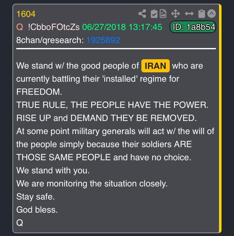 IRAN Q Post 1628, 27JUN2018 relevant after Ayatollah sets election for  28JUN2024, increasing probability Raisi taken out by whitehats to clear  the path.   🌎 WWG1WGAWW 🌍
posted 7 hours ago by MemeToDeath2021