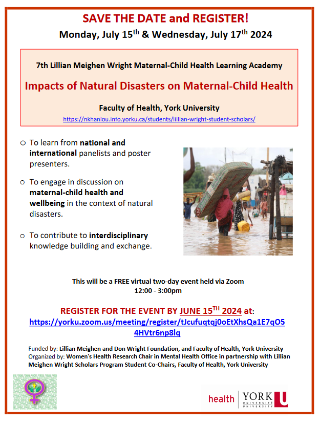 Nazilla Khanlou (@nazillakhanlou) on Twitter photo Registration for our 2 day LMW Learning Academy on “Impacts of Natural Disasters on Maternal-Child Health” is open.
Please see link below for information on panel & poster presenters & registration link.
nkhanlou.info.yorku.ca/files/2024/05/…
<a href="/YorkUniversity/">York University</a> <a href="/YorkUOWHC/">Women’s Mental Health Research Office</a> <a href="/YorkUFGS/">YorkU Grad Studies</a> Registration for our 2 day LMW Learning Academy on “Impacts of Natural Disasters on Maternal-Child Health” is open.
Please see link below for information on panel & poster presenters & registration link.
nkhanlou.info.yorku.ca/files/2024/05/…
<a href="/YorkUniversity/">York University</a> <a href="/YorkUOWHC/">Women’s Mental Health Research Office</a> <a href="/YorkUFGS/">YorkU Grad Studies</a>