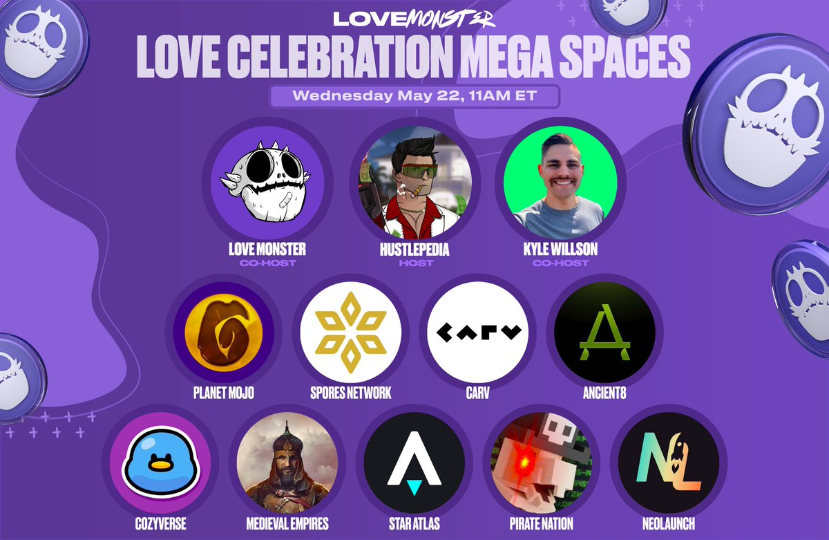 🎉 LOVE CELEBRATION MEGA SPACES Join us tomorrow at 3PM UTC for the Love Celebration Mega Spaces, hosted by @0xHustlepedia ❤️‍🔥 We will be discussing the launch of our long-awaited $LOVE token, as well as some MONSTER updates we are cookin' up 👀 🎙️ Set reminders: