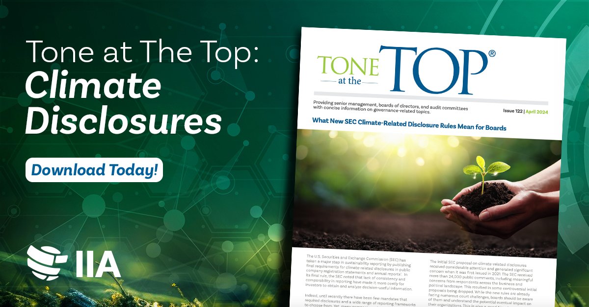 New Climate-Related Disclosures! Latest Tone at the Top from #TheIIA explores SEC’s new reporting rules & regulatory requirements. Download now. loom.ly/yG614tE

#InternalAudit