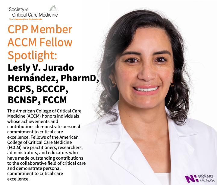✨FCCM Spotlight: Lesley V. Jurado Hernandez, PharmD, BCPS, BCCCP, BCNSP, FCCM✨

Dr. Lesly Jurado is a clinical pharmacist in the surgical trauma ICU and nutrition & metabolic support pharmacist at @NovantHealth in Wilmington, NC. #PharmICU