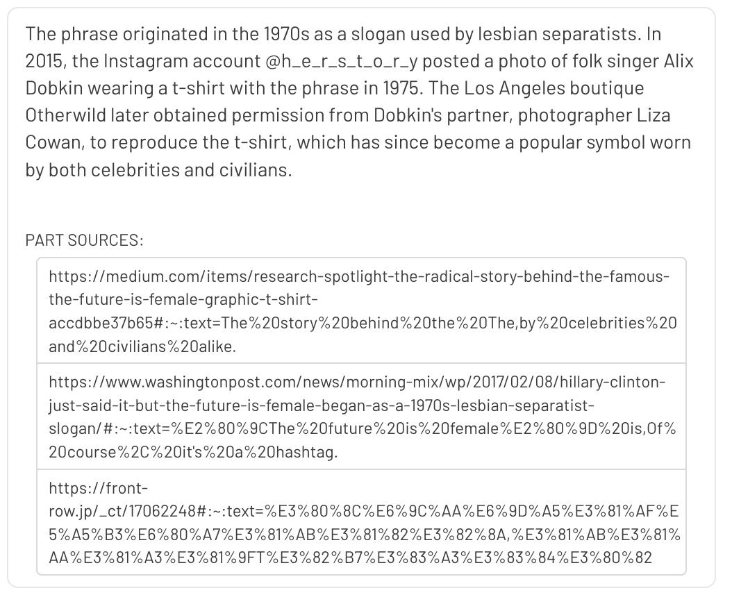 AI overviews / SGE can fetch non-EN content and translate it into Google's AI overview🤯

Query: "The future is female"

Google's AI overview source is in Japan; however, the AI-generated paragraph is in English (screenshot). 

The fragment that Google fetched directly answers
