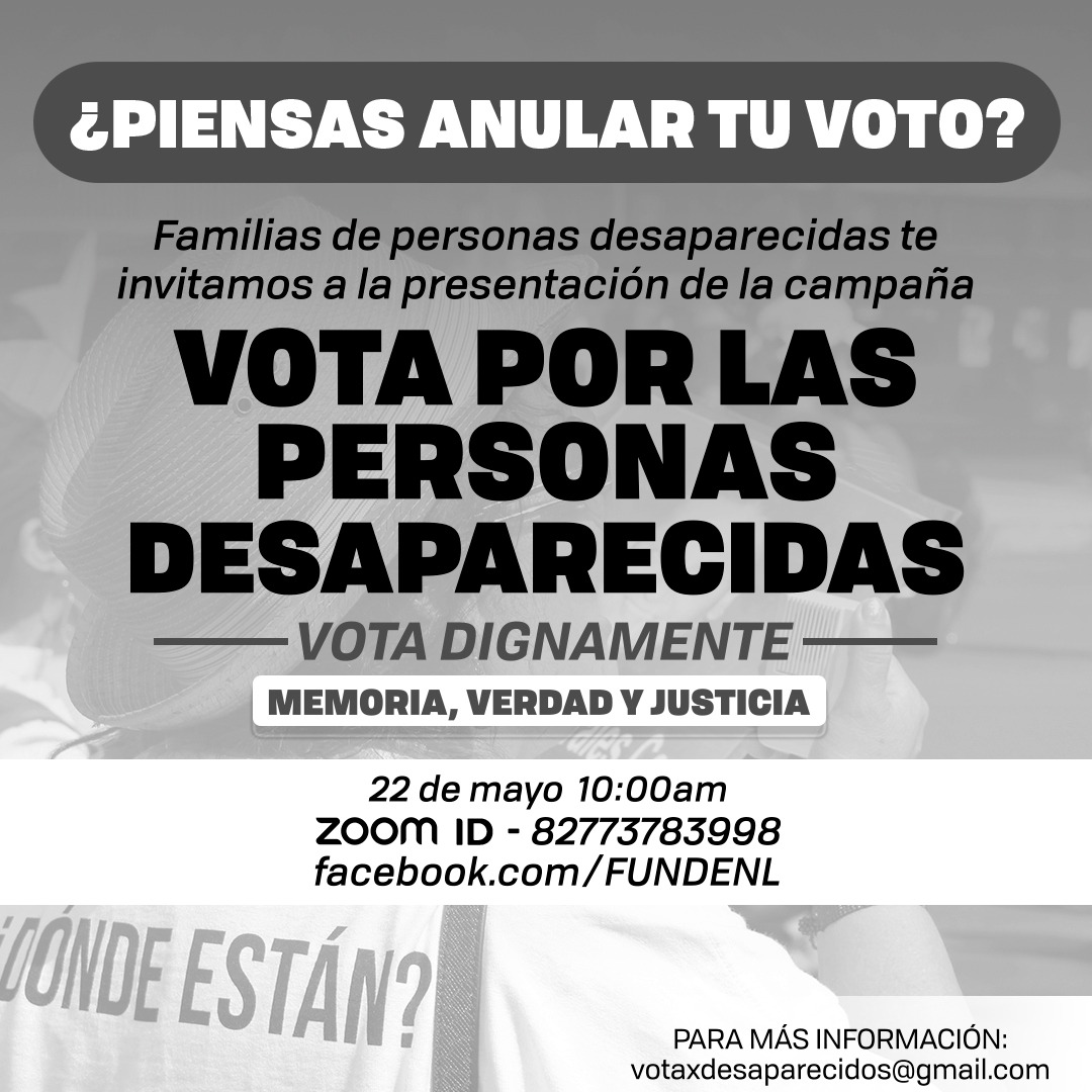 GlorietaMx's tweet photo. Invitamos a los medios de comunicación a la presentación de la campaña "Vota por las personas desaparecidas", convocada por @FUNDENL, Colectivo Memoria, Verdad y Justicia, Uniendo Esperanzas, entre otros
🗓️ 22 de mayo 
⏰ 10:00
📹 https://t.co/0LQQmqaEDz https://t.co/YZh0T49Yuz