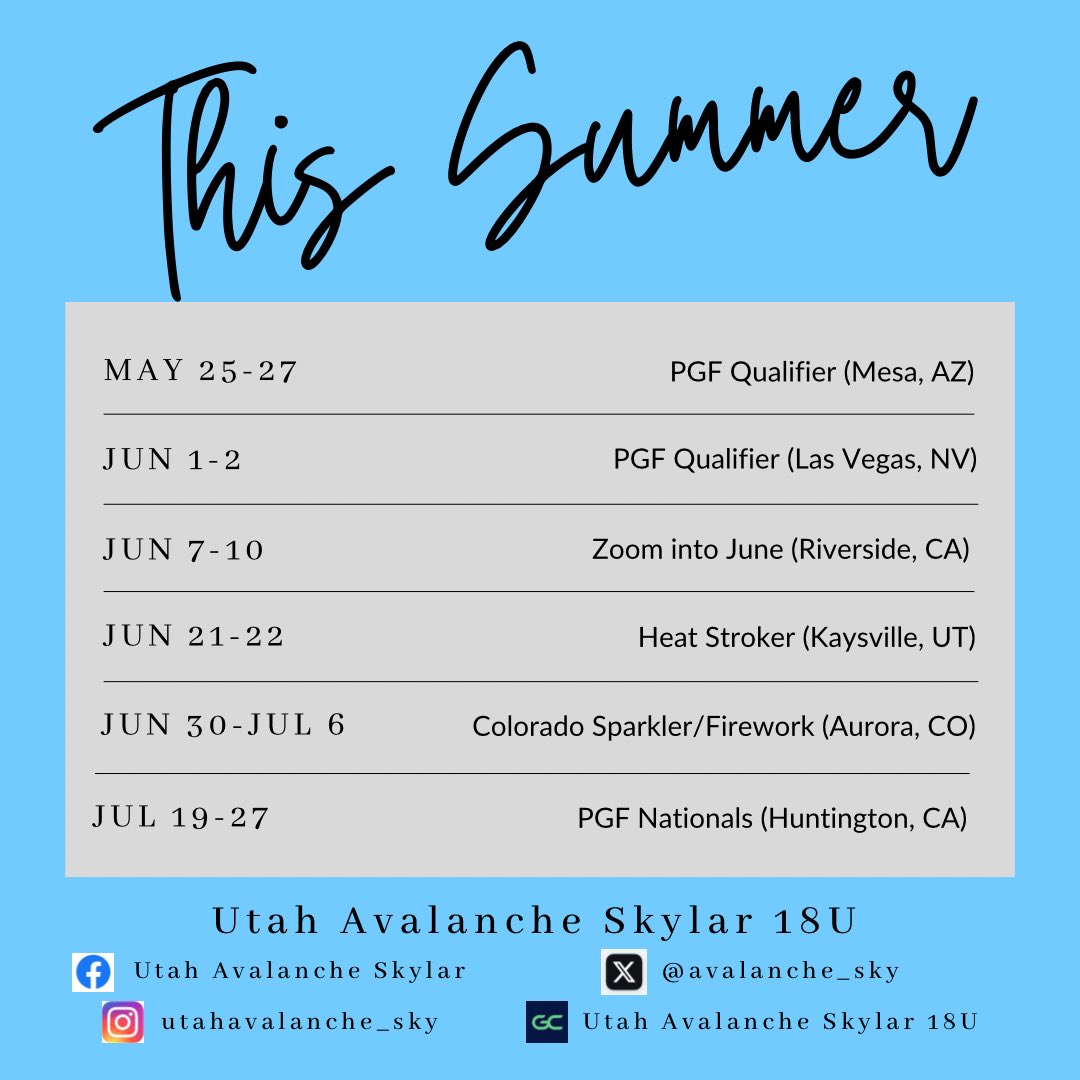 Jazmine Prathan (@jazmineprathan) on Twitter photo Summer is officially here and so is our summer schedule. We hope to see you at the fields. Let's GO!!
<a href="/avalanche_sky/">Utah Avalanche Sky</a> <a href="/UT_Avalanche/">Utah Avalanche Fastpitch</a> Summer is officially here and so is our summer schedule. We hope to see you at the fields. Let's GO!!
<a href="/avalanche_sky/">Utah Avalanche Sky</a> <a href="/UT_Avalanche/">Utah Avalanche Fastpitch</a>