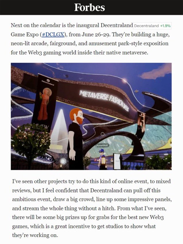 Support for the upcoming Decentraland Game Expo spotted in @Forbes 🎉

Check out the article by @sandy_carter and be sure to RSVP to #DCLGX to jump in June 26-29 

forbes.com/sites/digital-…