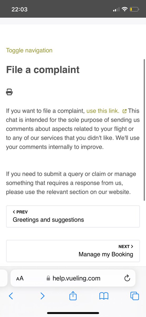 sofibethlen's tweet image. How vague can a website be? No link to file a complain, just a bot chat
 No complaints taken via customer service number.  The relevant section is no where to be found. 

Any comments @vueling 

How can I file a complaint and get a response?