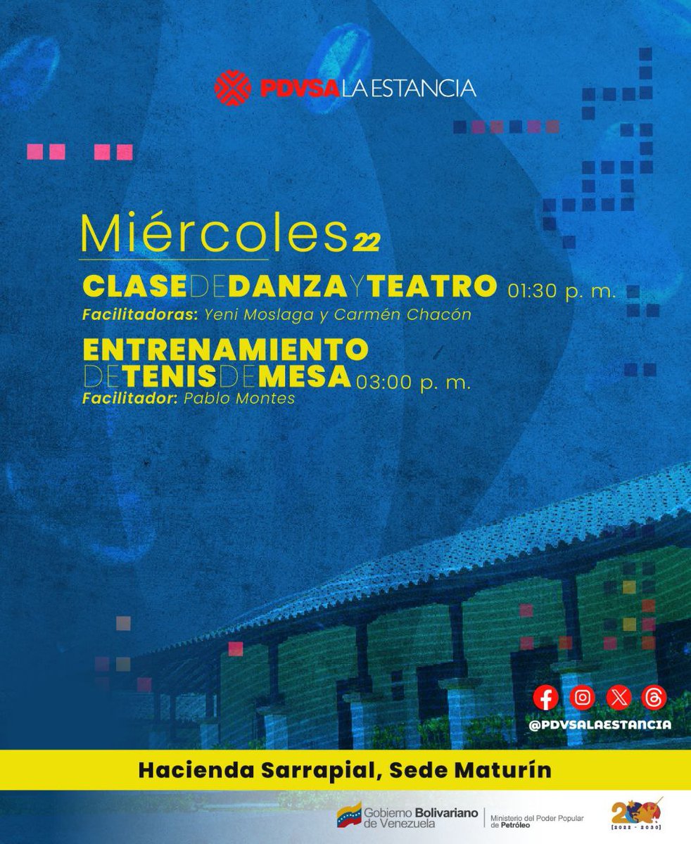 Disfruta de nuestra programación cultural en nuestras sedes de #Caracas #Paraguaná #Maracaibo #Maturín este #Miércoles #22deMayo PDVSA La Estancia, espacio cultural de #PDVSA