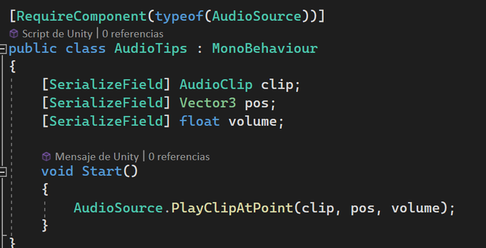 ElenaImagineer's tweet image. #Unitytips ⇩⇩⇩ 🤓
Puedes reproducir un audioclip en cualquier punto y en el momento que quieras sin tener que tener la referencia a un AudioSource 🔥
Muy útil para algunos SFX o para prototipar en gamejams 💃
#gamedev #indiedev