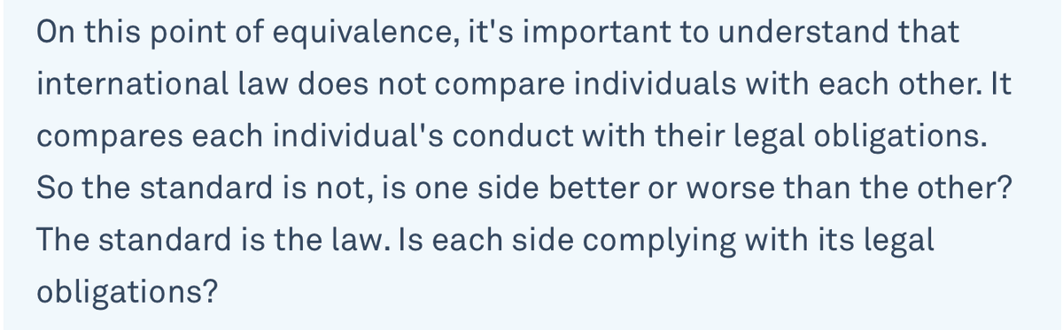 Because Canada is once again either acting in bad faith or bad understanding of the law, I'd like to point out what @AdHaque110 said on @NewsHour - there is no comparison from the ICC in legal terms between the parties. Each is being measured in terms of their legal obligations.