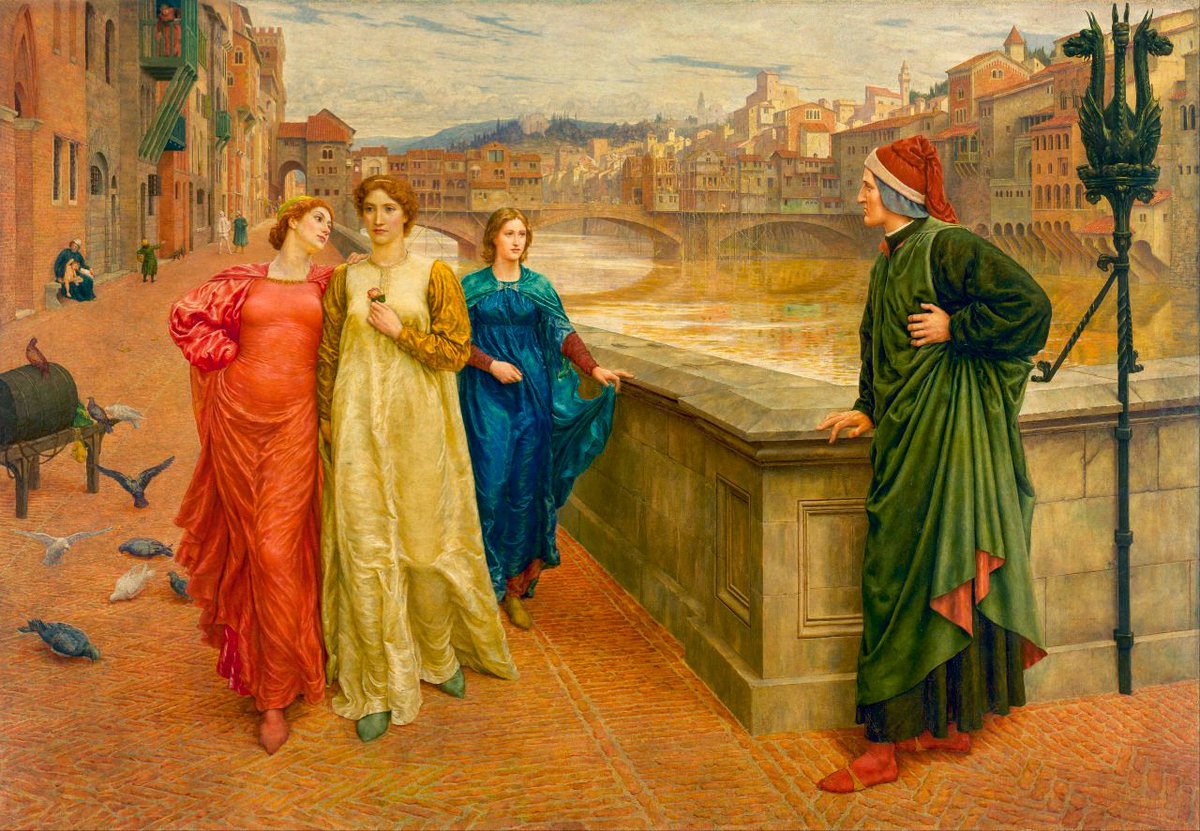 Dante and Beatrice (1882-84) by Henry Holiday (English artist, lived 1839–1927). Dante looks longingly at Beatrice (centre) passing by the Arno river.