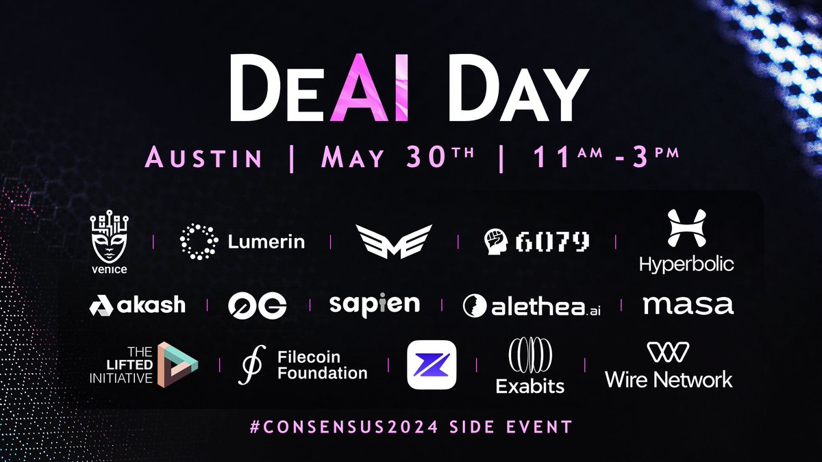 We are excited to invite everyone to the #DeAI Day, a #Consensus2024 side event! 🌎 lu.ma/8xb9ny37 Take a moment to appreciate this top-notch speaker lineup, featuring some of the world's brightest minds for a full day of AI discussions! A celebration of Free and Open