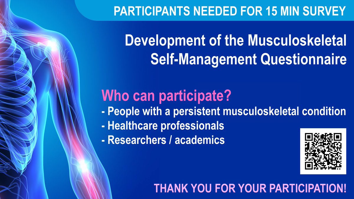 We still need participants for this 15 min survey! Especially people with a persistent musculoskeletal condition and healthcare providers are invited to participate. And of course, researchers and academics are invited to fill in the survey as well! Thank you!