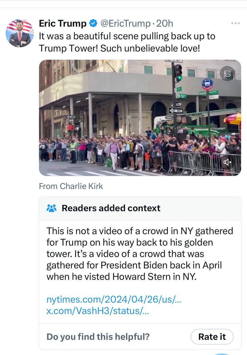 Eric Trump and Charlie Kirk just got a Community Note for using footage of people waiting to see President Biden’s motorcade and trying to pass it off for Trump. 🤣🤣🤣🤣🤣🤣🤣🤣🤣