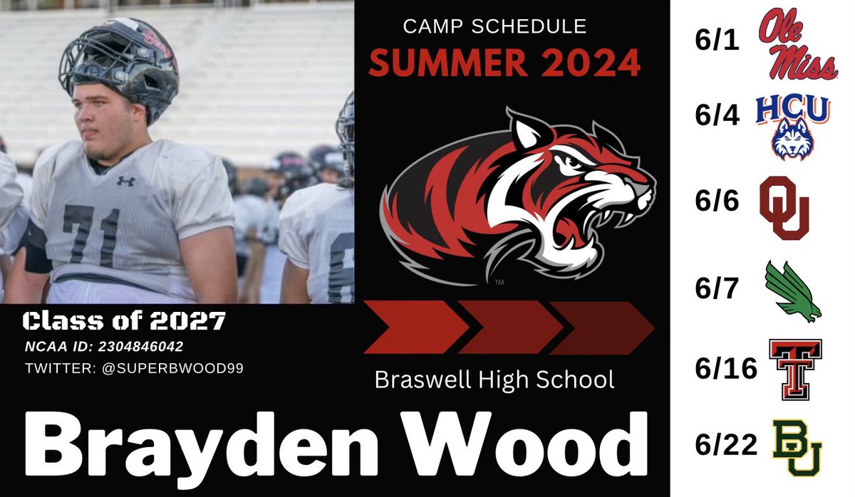 SuperBwood99's tweet photo. So ready for summer and to compete at all of these camps. @BengalLifestyle @KentLaster 
@CoachAkalex @CoachJReliford 
@CoachGarrisonOL  @OU_CoachB  
@_ClaytonWoods @CutterLeftwich @ClayMcGuireTTU @TTUCoachBook @CoachMiller_ @Legends_Jacob https://t.co/yEvjONCYCr