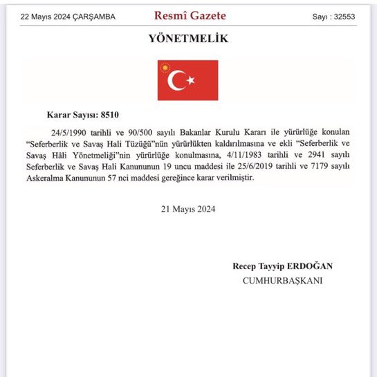 🔴#SONDAKİKA | Cumhurbaşkanı Erdoğan'ın imzasıyla 52 sayfalık “Seferberlik ve Savaş Hâli Yönetmeliği” yayımlanarak yürürlüğe girdi.