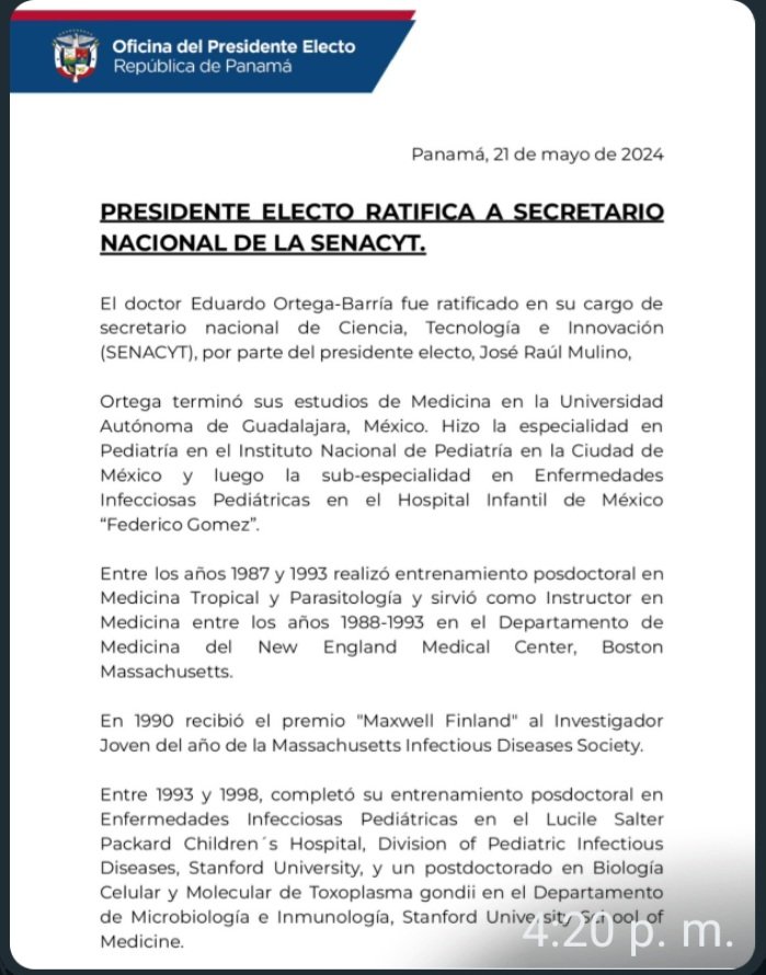 Eduardo Ortega secretario nacional de <a href="/senacyt/">Senacyt Panamá</a> se mantendrá en gobierno de <a href="/JoseRaulMulino/">José Raúl Mulino</a>