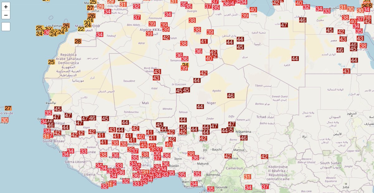 🔥 Extreme #heat in northern #Africa. 🌡️47.1°C Jalo 🇱🇾 🌡️47.0°C Gouré 🇳🇪 (monthly record and only 0.5°C from the May national record!) 🌡️47.0°C Kayes 🇲🇱 🌡️46.9°C Matam 🇸🇳 🌡️46.9°C N'Guigmi 🇳🇪 (0.1°C from its monthly record) 🌡️46.9°C Yélimané [Tmin 35.7°C!] 🌡️46.6°C Linguère 🇸🇳