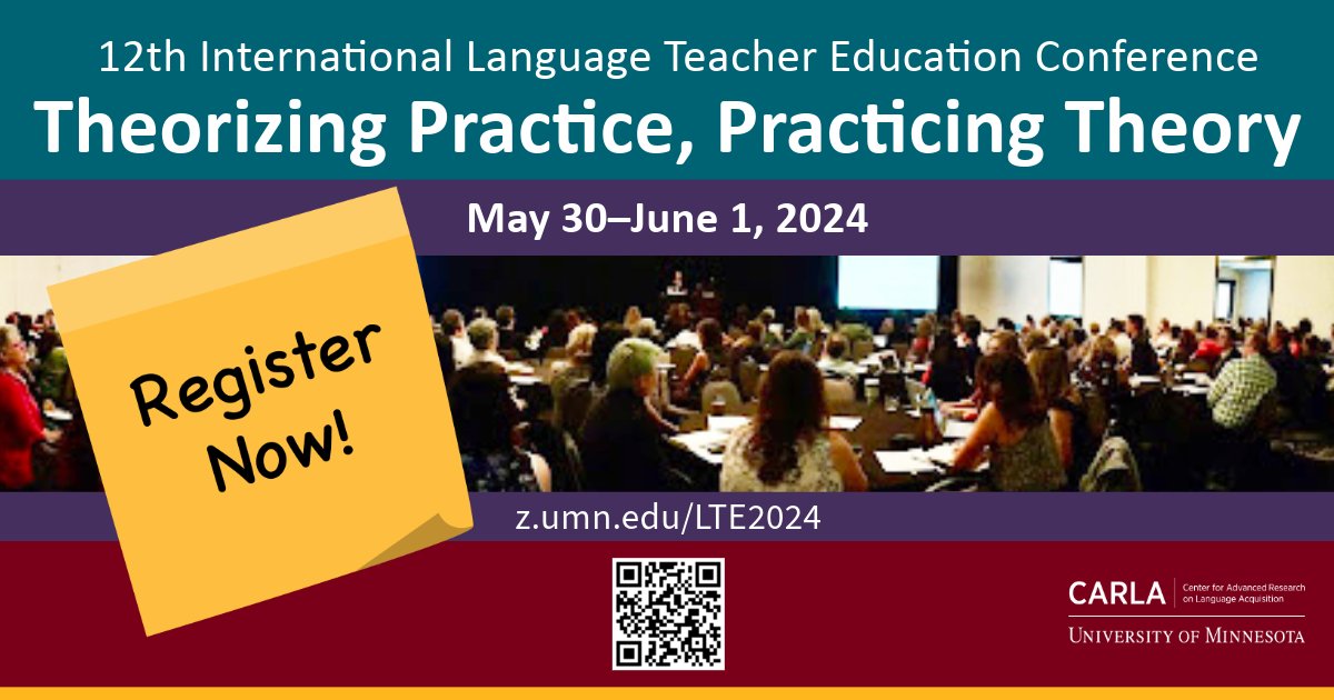 Registration ends Thursday, May 23!
Register now for the 12th International Language Teacher Education Conference
Theorizing Practice, Practicing Theory
May 30–June 1, 2024
Minneapolis, MN
carla.umn.edu/conferences/lt…