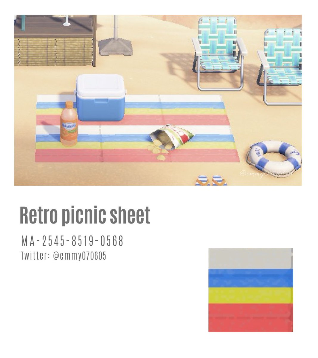 * New design *
* Retro picnic sheet *
* レトロなレジャーシート *

懐かしのレジャーシート。
海水浴や運動会にいかが？
好きなサイズに広げられます。
ムダにたたみじわにこだわりました🤣

#どうぶつの森 #ACNH #ACNHDesign #マイデザイン #マイデザ配布
