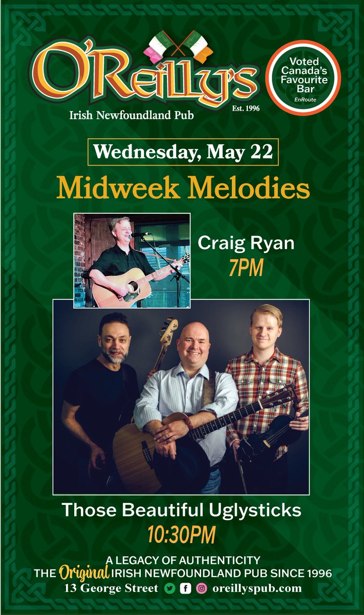 🍀Wednesday Night at O'Reilly's🍀 Come early, have a meal and enjoy the live music! Craig Ryan takes the stage at 7:00pm, followed by Those Beautiful Uglysticks at 10:30pm!🎶 #Wednesday #lineup #oreillyspub #georgestreet #downtownstjohns