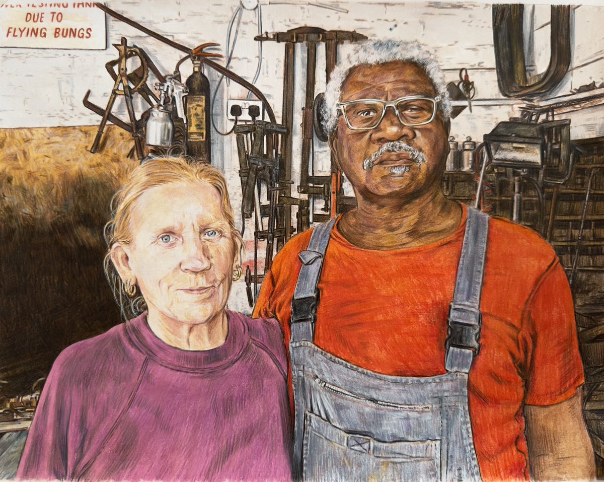 Portrait of Julie and Lloyd in the workshop, watercolour and colour pencil on paper.