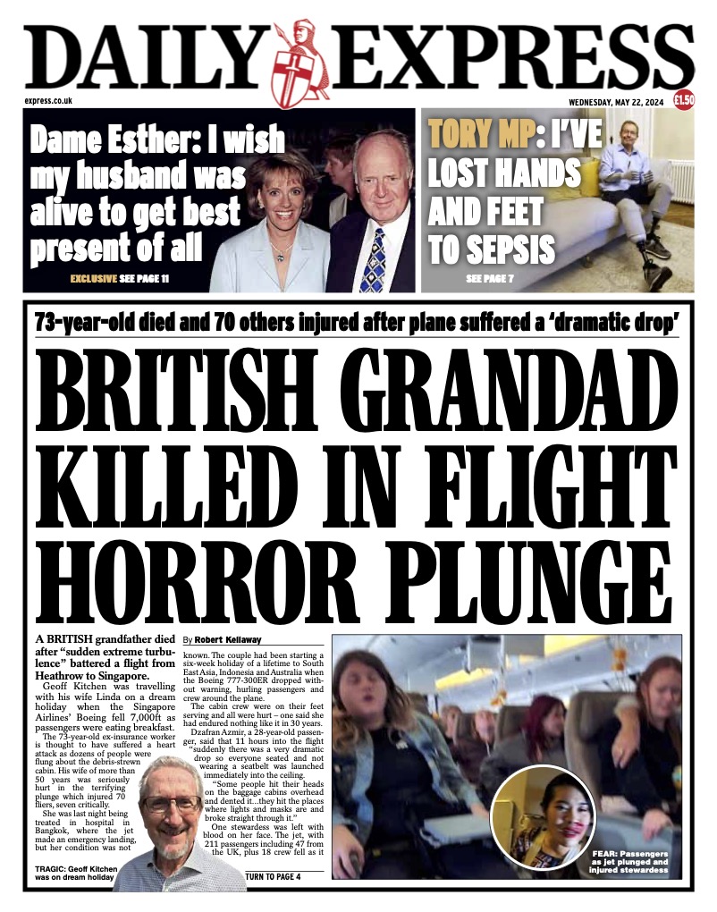 Wednesday's Express Front Page - British grandad killed in flight horror plunge