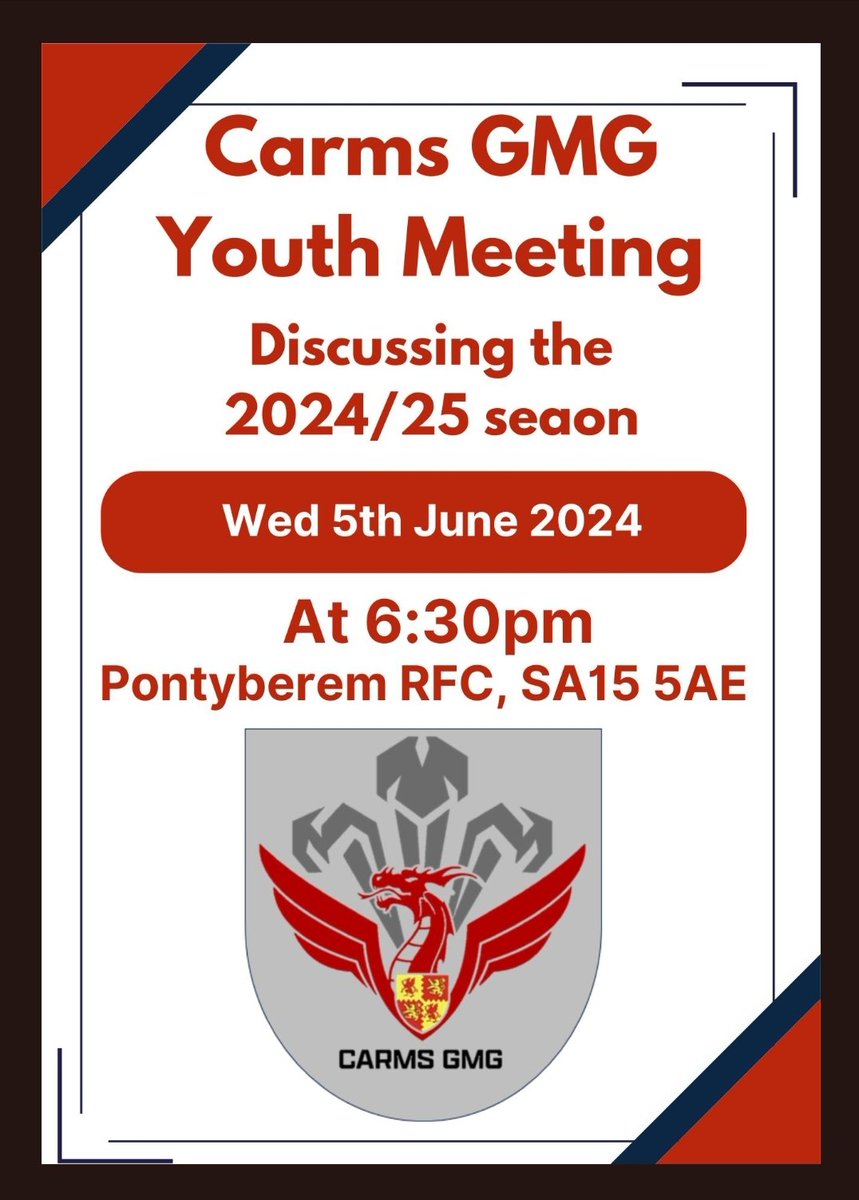 🔊 Calling all Youth Teams
IF YOU INTEND ON RUNNING A YOUTH TEAM FOR THE 2024/25 SEASON PLEASE ATTEND THE MEETING BELOW. We will be discussing next seasons format etc.<a href="/gmgcarms/">Carms GMG</a> <a href="/OdwynH/">Odwyn Howells</a> <a href="/WRU_Community/">WRU Community - Wrth galon y genedl</a> @JoeDaviesWRU