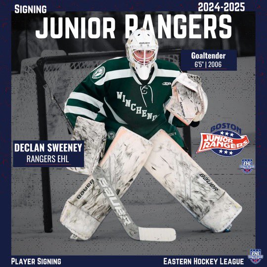 Congrats to Senior Goalie Declan Sweeney on signing with the @Rangers_EHL for the 24/25 season! #Winch #EHL