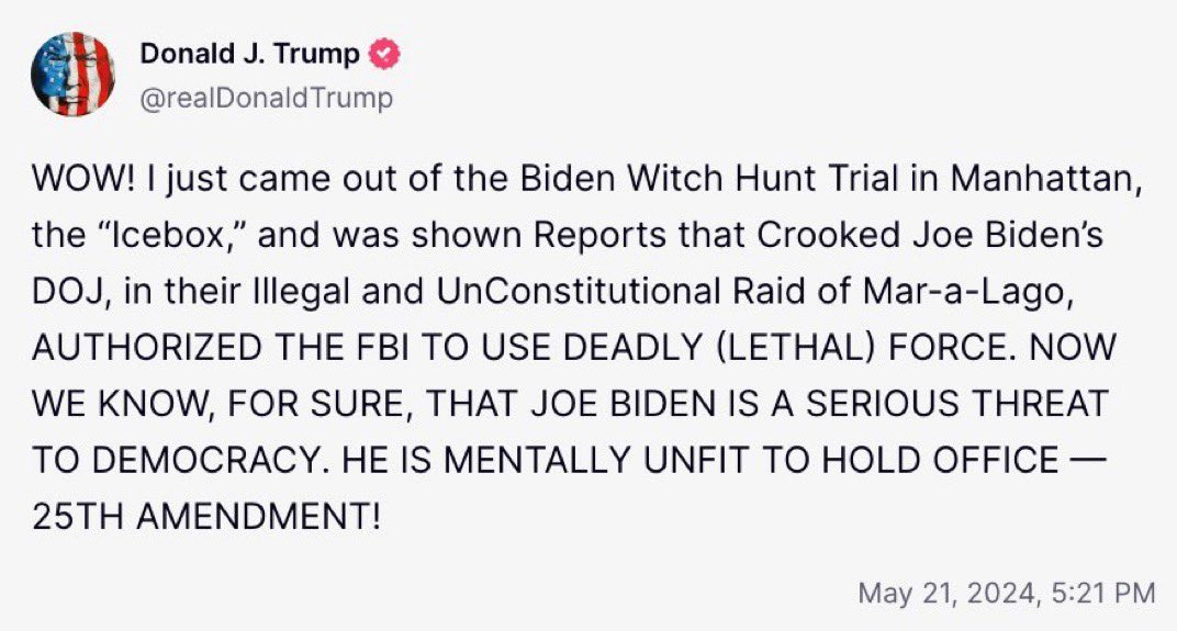 JUST IN: Immediately after leaving court, President Trump just posted about the new revelation that came out today about how Biden’s DOJ authorized LETHAL FORCE to be used against President Trump during the Mar a Lago raid. Biden and Merrick Garland @TheJusticeDept authorized