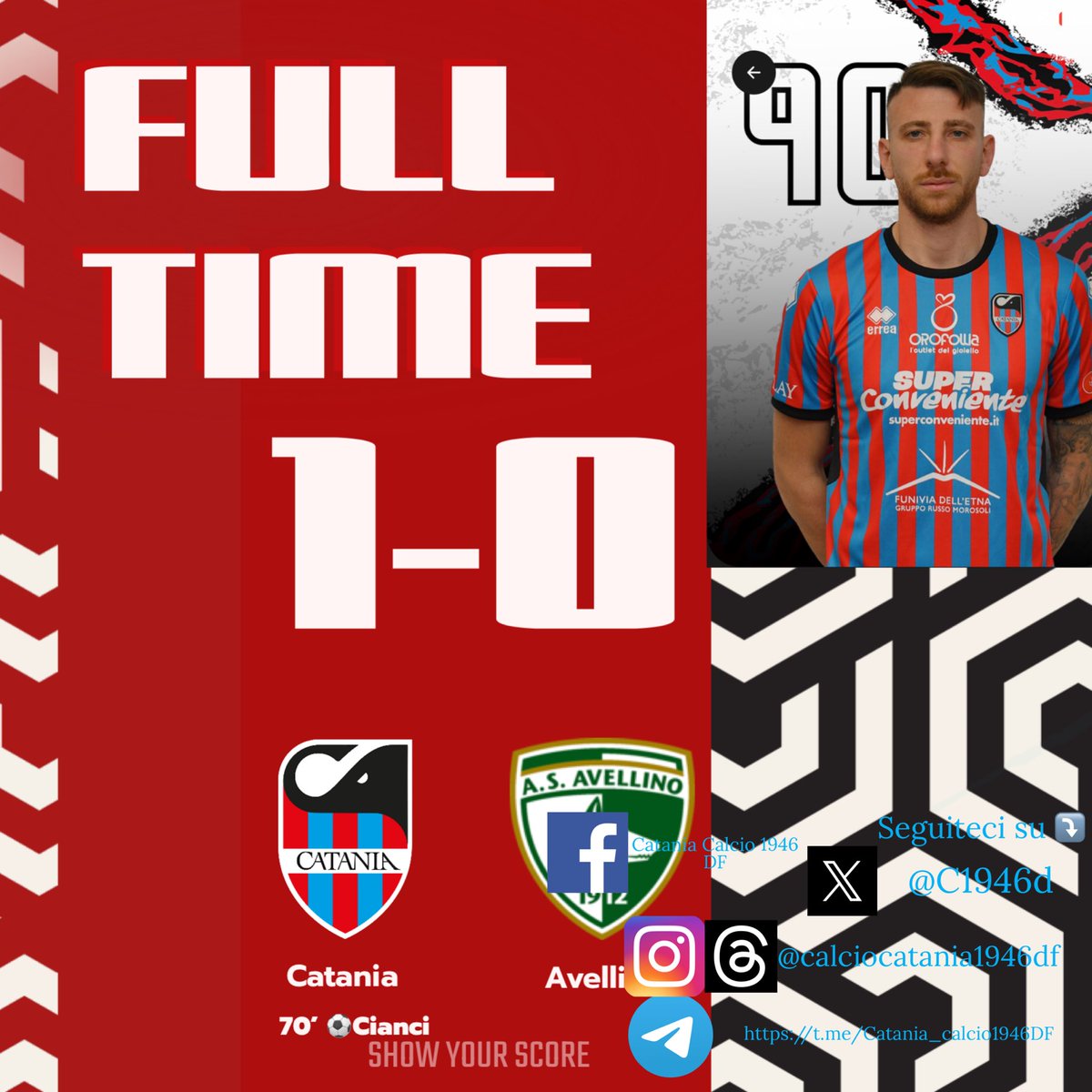 Full time :
Catania 1-0 Avellino
⚽️70’ Cianci 
#CataniaAvellino #SerieCNow 🔵🔴⚽️🐘 #forzacatania