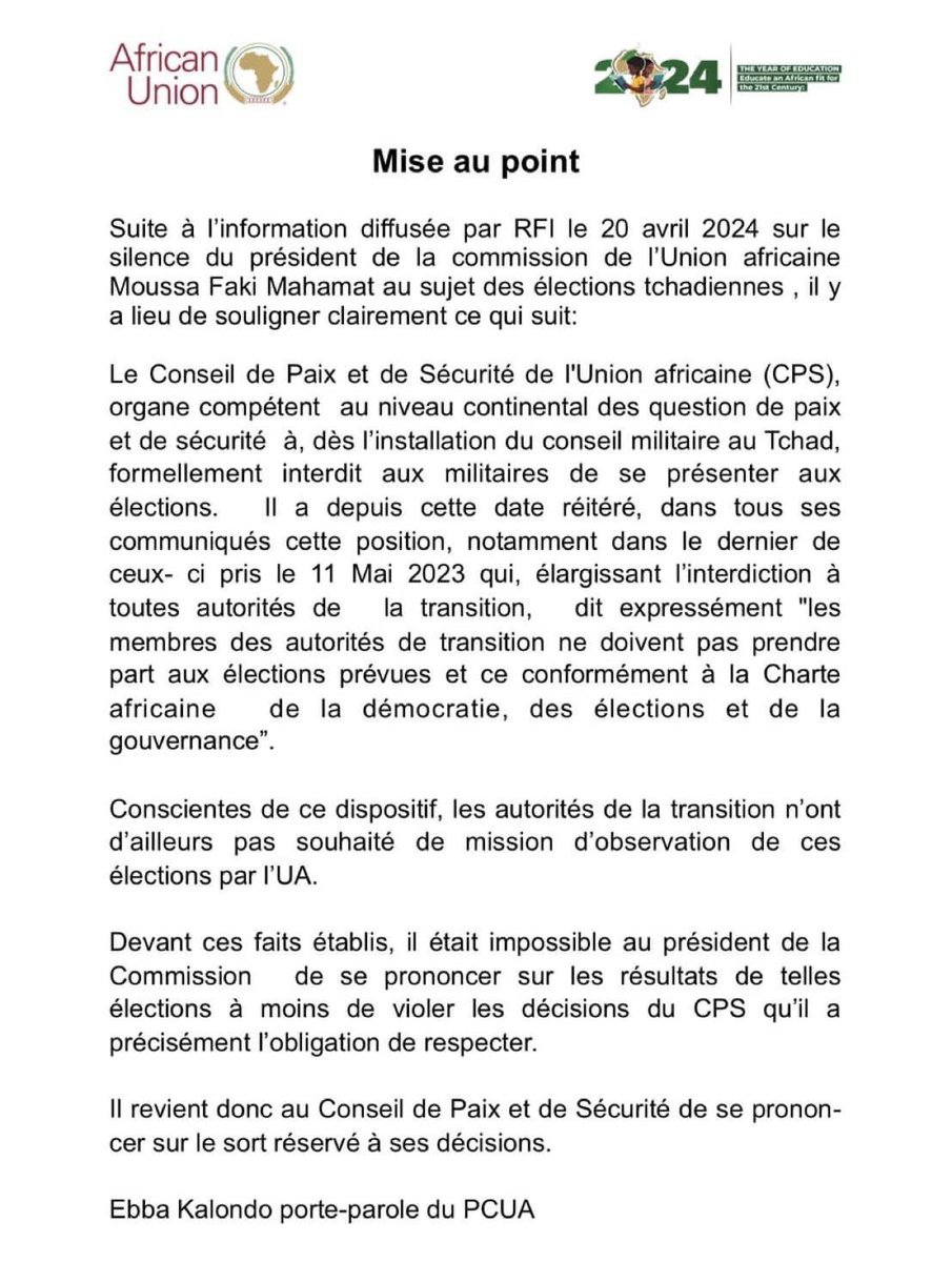 #Tchad URGENT 🚨 : Réaction du président de la commission de l’union africaine Moussa Faki à l’élection présidentielle du 06 mai 2024 👇🏽