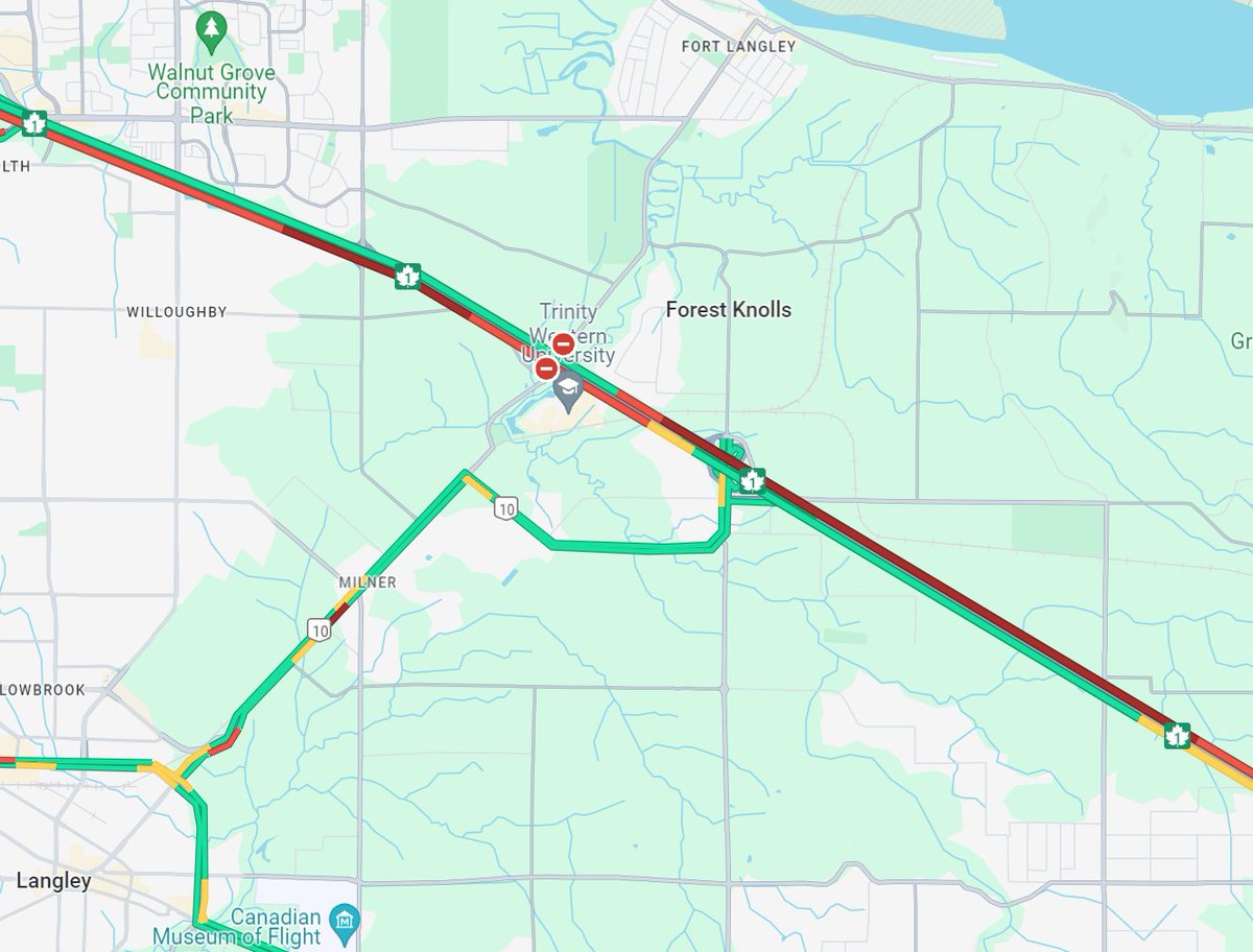 ⚠️ #BCHwy1 - A westbound vehicle incident west of 232nd St (Under the C.P. overpass) has the right lane blocked. Crews are on scene. Pass with caution and expect delays. #LangleyBC