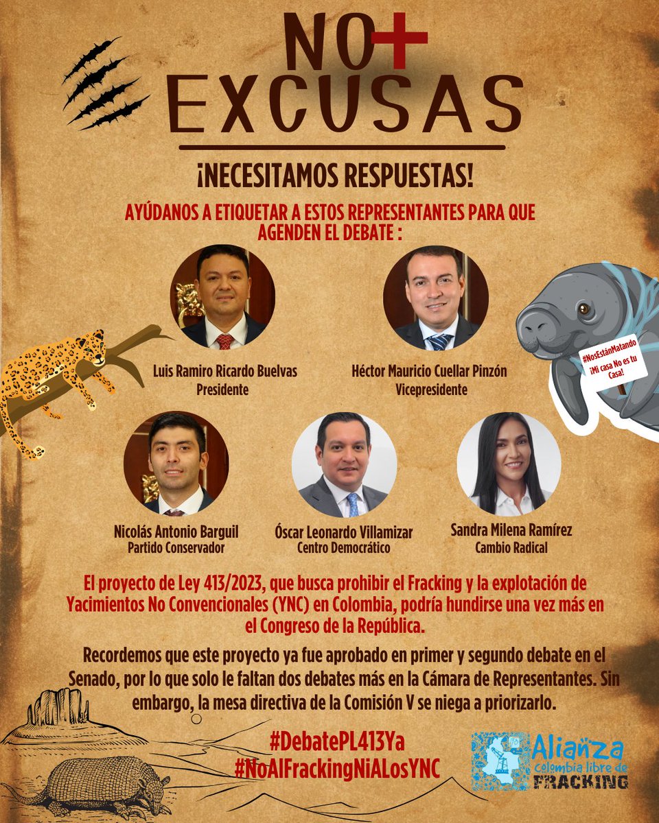 NoFrackingEnCol's tweet photo. 📢Honorables congresistas, este es un llamado por la vida. El Proyecto de Ley 413 sigue agonizando y consigo, la esperanza de vida en los territorios. 🇨🇴💧#DebatePL413Ya
@CamaraColombia @ComiQuintaCam @LuisRamiroRB @MauroCuellar10
@HRSandraRamirez @NicolasBarguil @OscarVillamiz https://t.co/fRNWT1P9Re