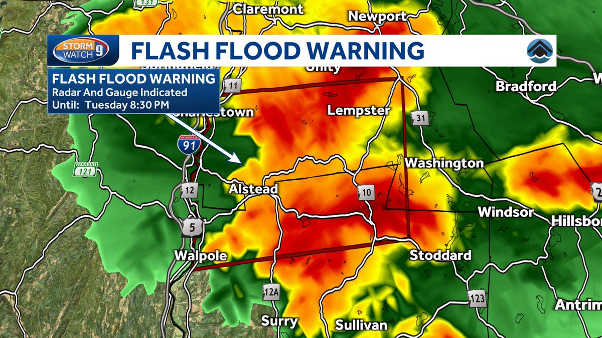 WEATHER ALERT: A Flash Flood Warning has been issued for parts of Sullivan, Cheshire county until 5/21 8:30PM. Remember to never drive through flooded roads. Updates on @WMUR9 and wmur.com/weather. #NHwx #WMUR