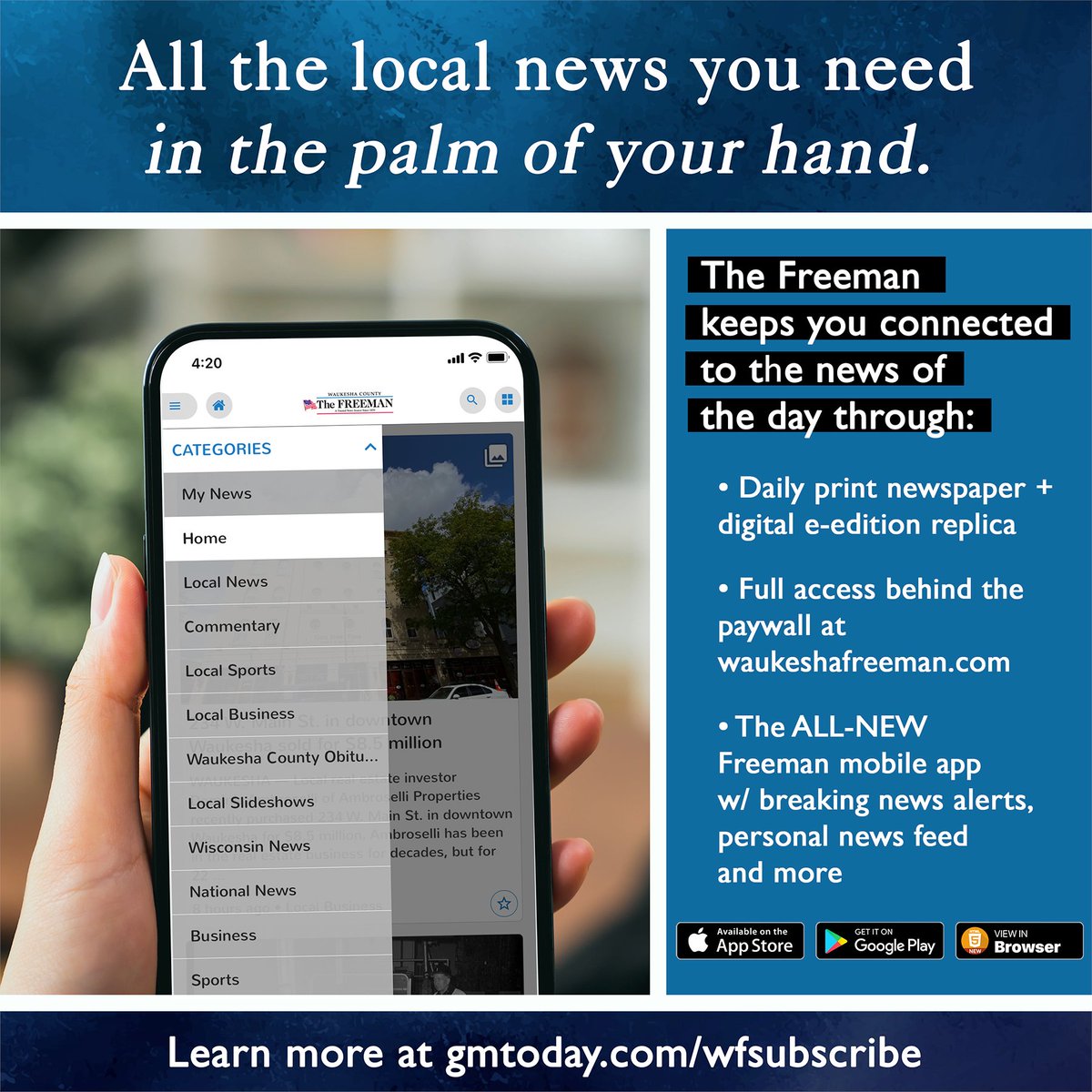 The Freeman: All the local news you need in the palm of your hand. Our $10/month digital subscription keeps you connected to the news of the day through the e-edition delivered in the morning, plus breaking news throughout the day. gmtoday.com/wfsubscribe